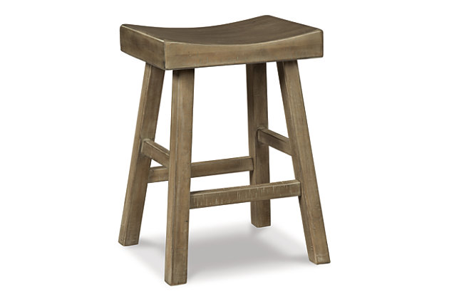 Saddle up and prepare to feast in total comfort and style. The Glosco counter height saddle stool's deeply scooped seat offers ample support through multiple courses (or rounds of drink). Contrasting finishes elevate the classic shape, creating a look that keeps you coming back for seconds.Made of wood | Natural finish (light weathered barn wood color) | Saw kerf distressing | Comfortable footrest | Counter height | Assembly required | Estimated Assembly Time: 30 Minutes