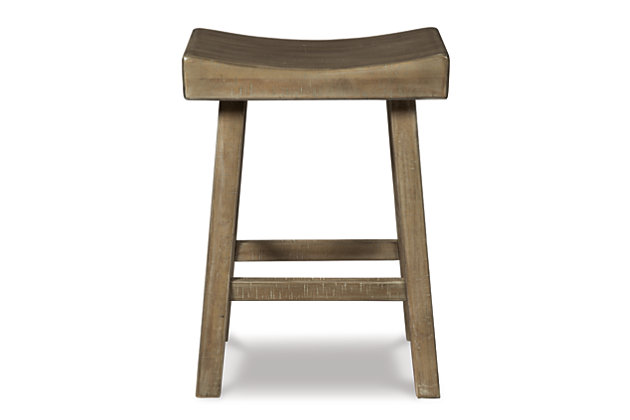 Saddle up and prepare to feast in total comfort and style. The Glosco counter height saddle stool's deeply scooped seat offers ample support through multiple courses (or rounds of drink). Contrasting finishes elevate the classic shape, creating a look that keeps you coming back for seconds.Made of wood | Natural finish (light weathered barn wood color) | Saw kerf distressing | Comfortable footrest | Counter height | Assembly required | Estimated Assembly Time: 30 Minutes