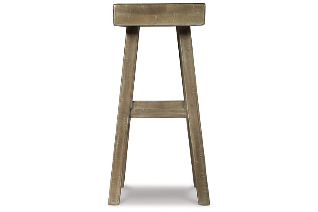 Saddle up and prepare to feast in total comfort and style. The Glosco pub height saddle stool's deeply scooped seat offers ample support through multiple courses (or rounds of drink). Contrasting finishes elevate the classic shape, creating a look that keeps you coming back for seconds.Made of wood | Natural finish (light weathered barn wood color) | Saw kerf distressing | Comfortable footrest | Pub height | Assembly required | Estimated Assembly Time: 30 Minutes