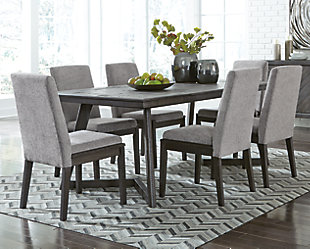 Revive and refresh your room with the Besteneer 7-piece dining room set. Dark charcoal gray wood finish is punctuated with natural distressing. The set showcases a truly modern aesthetic with a fashion-forward sculptural design. Swank gray upholstery and extended chair back design make for a unique seat with plenty of contemporary appeal. Tapered back legs are slightly flared for sturdy, stylish support.Set includes dining table and 6 upholstered dining chairs | Table made of wood, veneer and engineered wood | Chairs made of wood | Polyester upholstered foam cushion back and seat | Seats up to 6 | Assembly required | Estimated Assembly Time: 180 Minutes