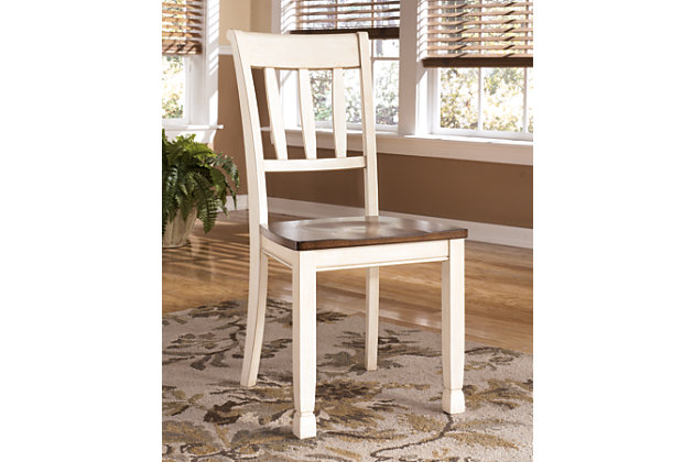 Incorporate cottage-cool warmth in your dining space with the Whitesburg 6-piece dining room set. The round table, four rake back chairs and dining server with two-tone finish serve up twice the charm and character. Server with antiqued bronze-tone hardware displays nooks and plenty of usable tabletop space, making this a highly versatile and tasteful choice.Includes dining table, 4 chairs and server | Cottage white and brown and brown two-tone finish | Table and server made of veneers, wood and engineered wood | Chairs made of wood and engineered wood | Server with antiqued bronze-tone hardware, 2 storage cubbies, 2 drawers and 1 fixed shelf | Assembly required | Estimated Assembly Time: 5 Minutes