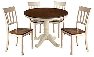 Incorporate cottage-cool warmth in your dining space with the Whitesburg 5-piece dining room set. The round dining table with classic pedestal base and four rake back chairs with two-tone finish serve up twice the charm and character.Includes dining table and 4 chairs  | Cottage white and brown two-tone finish | Table made of veneers, wood and engineered wood | Chairs made of wood and engineered wood | Assembly required | Estimated Assembly Time: 5 Minutes