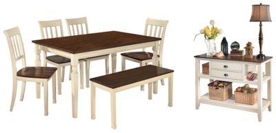 Whitesburg Dining Table and 4 Chairs and Bench with Storage, Brown/Cottage White