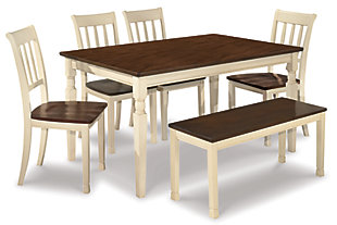 Incorporate cottage-cool warmth in your dining space with the Whitesburg dining room set. Its two-tone finish serves up twice the charm and character. Side chairs are in a classic rake back design. The bench is straight out of a country cottage. Its unique two-tone finish brings a relaxed and timeless look to the table. This piece can also be used as a welcome addition in a mudroom or casual living area.Includes 6 pieces: rectangular dining table, 4 side chairs and large bench | Made of veneers, wood and engineered wood | Two-tone finish | Table seats up to 6 | Assembly required