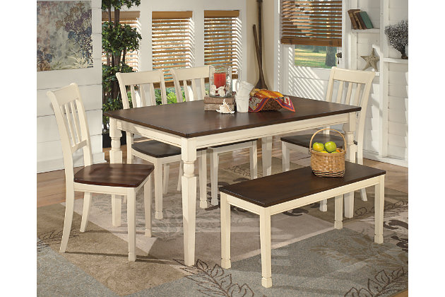 Incorporate cottage-cool warmth in your dining space with the Whitesburg dining room table. A two-tone finish serves up twice the charm and character.Seats up to 6 | Made of veneers, wood and engineered wood | Assembly required | Two-tone finish | Dining chairs sold separately