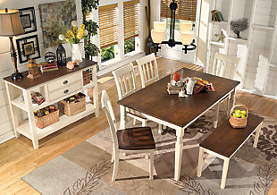 Incorporate cottage-cool warmth in your dining space with the Whitesburg dining room table. A two-tone finish serves up twice the charm and character.Seats up to 6 | Made of veneers, wood and engineered wood | Assembly required | Two-tone finish | Dining chairs sold separately