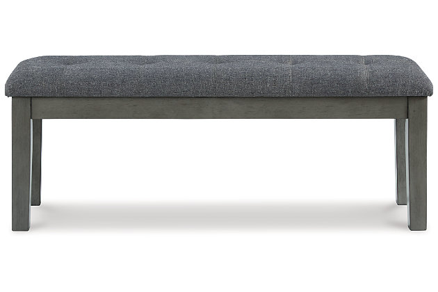 Cool and on-trend. The Hallanden dining bench sports a two-tone gray look for a contemporary-yet-casual feel. The cushioned foam seat in a gray textural fabric pairs seamlessly with the antiqued gray finish, providing you with a super-stylish and versatile seating option.Made with solid wood | Antiqued gray finish | Upholstered in gray textural polyester fabric | Cushioned foam seat | Assembly required | Estimated Assembly Time: 15 Minutes