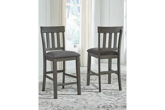 Cool and on-trend. This upholstered barstool sports a two-tone gray look for a contemporary-yet-casual feel. The cushioned foam seat in a gray textural fabric pairs seamlessly with the antiqued gray finish, while the contoured comb-back design adds a dash of geometric flair. With this chic seat, it’s easy to dine in style.Made with solid wood | Antiqued gray finish | Upholstered in gray textural polyester fabric | Cushioned foam seat | Contoured comb-back design | Assembly required | Estimated Assembly Time: 30 Minutes