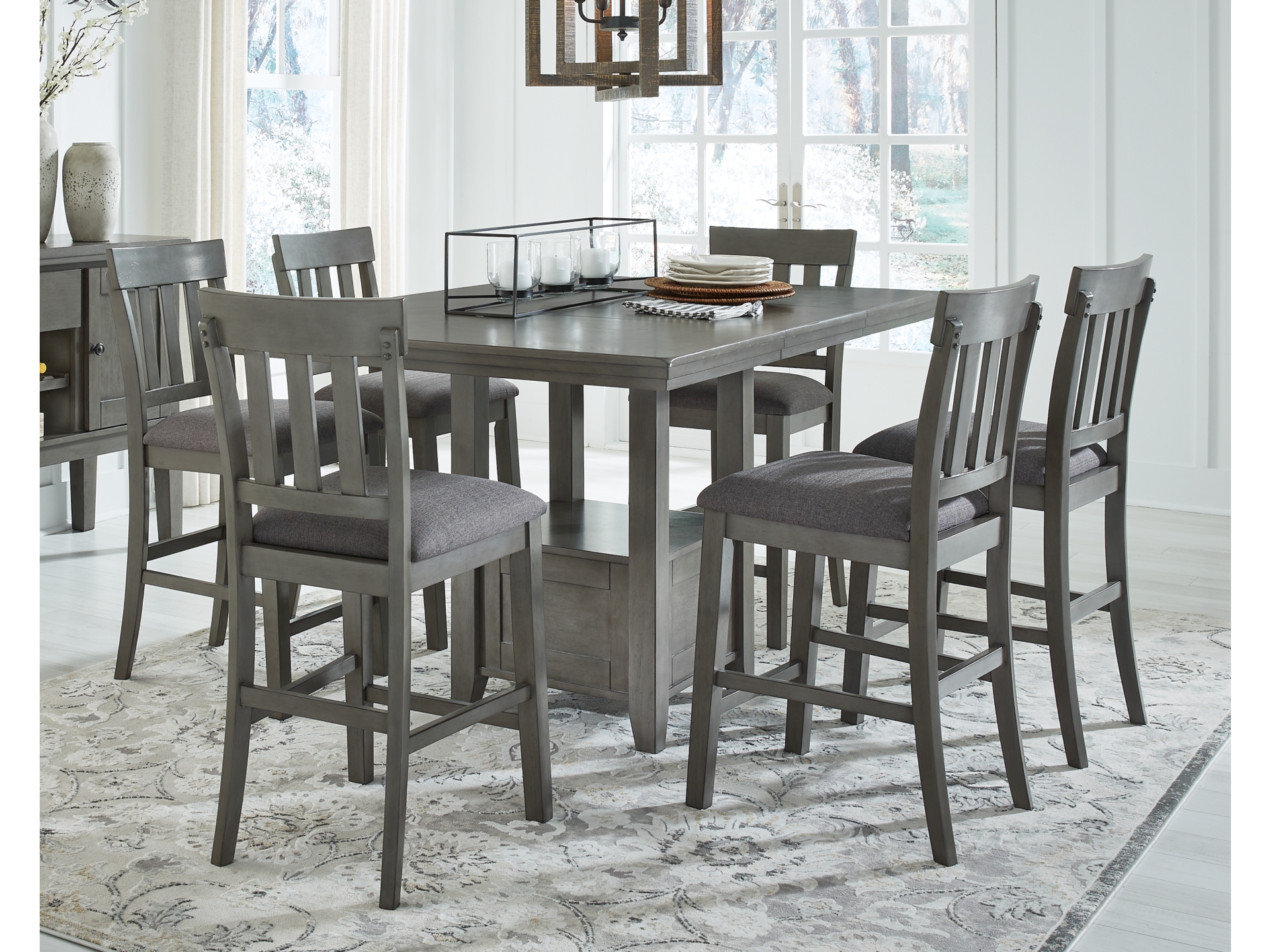 Hallanden Counter Height Dining Table and 6 Barstools Grey