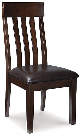 Take clean-lined, classic styling. Add modern comfort. Top with a deep, complex finish that exudes rich sophistication. That’s the look and feel of the Haddigan dining room chair. Wide-slat, rake-back design with lumbar curve and cushioned upholstered seat make it complete.Wood frame | Cushioned vinyl upholstered seat | Assembly required | Excluded from promotional discounts and coupons | Estimated Assembly Time: 30 Minutes