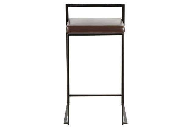 Longing for a less-is-more aesthetic? Get it all with a pair of streamlined bar stools. A luxe finish lets the ultra-linear metal frame and backrest shine. Thickly padded seats are covered in faux leather for a cool look and sumptuous comfort. Stackable design simply makes sense.Set of 2 | Made of metal | Black finish | Foam cushioned seat | Polyurethane (faux leather) upholstery | Sturdy metal footrest | Stackable design | Assembly required