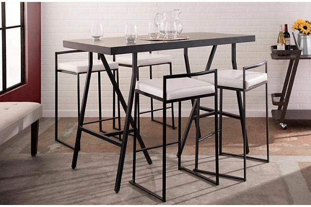 Longing for a less-is-more aesthetic? Get it all with a pair of streamlined bar stools. A luxe finish lets the ultra-linear metal frame and backrest shine. Thickly padded seats are covered in faux leather for a cool look and sumptuous comfort. Stackable design simply makes sense.Set of 2 | Made of metal | Black finish | Foam cushioned seat | Polyurethane (faux leather) upholstery | Sturdy metal footrest | Stackable design | Assembly required