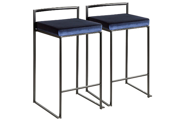 Longing for a less-is-more aesthetic? Get it all with a pair of streamlined bar stools. A luxe finish lets the ultra-linear metal frame and backrest shine. Thickly padded seats are covered in a velvet fabric for a cool look and sumptuous comfort. Stackable design simply makes sense.Set of 2 | Made of metal | Black finish | Foam cushioned seat | Velvet upholstery | Sturdy metal footrest | Stackable design | Assembly required