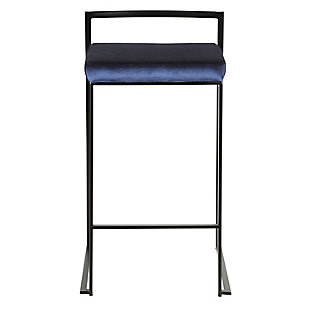 Longing for a less-is-more aesthetic? Get it all with a pair of streamlined bar stools. A luxe finish lets the ultra-linear metal frame and backrest shine. Thickly padded seats are covered in a velvet fabric for a cool look and sumptuous comfort. Stackable design simply makes sense.Set of 2 | Made of metal | Black finish | Foam cushioned seat | Velvet upholstery | Sturdy metal footrest | Stackable design | Assembly required