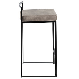 Longing for a less-is-more aesthetic? Get it all with a pair of streamlined bar stools. A luxe finish lets the ultra-linear metal frame and backrest shine. Thickly padded seats are covered in rustic looking fabric for a cool look and sumptuous comfort. Stackable design simply makes sense.Set of 2 | Made of metal | Black finish | Foam cushioned seat | Polyester upholstery | Sturdy metal footrest | Stackable design | Assembly required