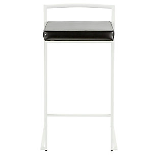 Longing for a less-is-more aesthetic? Get it all with a pair of streamlined bar stools. A luxe finish lets the ultra-linear metal frame and backrest shine. Thickly padded seats are covered in faux leather for a cool look and sumptuous comfort. Stackable design simply makes sense.Set of 2 | Made of metal | White finish | Foam cushioned seat | Polyurethane (faux leather) upholstery | Sturdy metal footrest | Stackable design | Assembly required