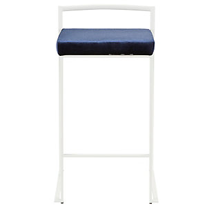 Longing for a less-is-more aesthetic? Get it all with a pair of streamlined bar stools. A luxe finish lets the ultra-linear metal frame and backrest shine. Thickly padded seats are covered in a velvet fabric for a cool look and sumptuous comfort. Stackable design simply makes sense.Set of 2 | Made of metal | White finish | Foam cushioned seat | Velvet upholstery | Sturdy metal footrest | Stackable design | Assembly required