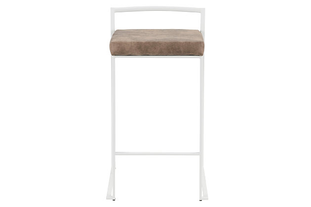 Longing for a less-is-more aesthetic? Get it all with a pair of streamlined bar stools. A luxe finish lets the ultra-linear metal frame and backrest shine. Thickly padded seats are covered in rustic looking fabric for a cool look and sumptuous comfort. Stackable design simply makes sense.Set of 2 | Made of metal | White finish | Foam cushioned seat | Polyester upholstery | Sturdy metal footrest | Stackable design | Assembly required