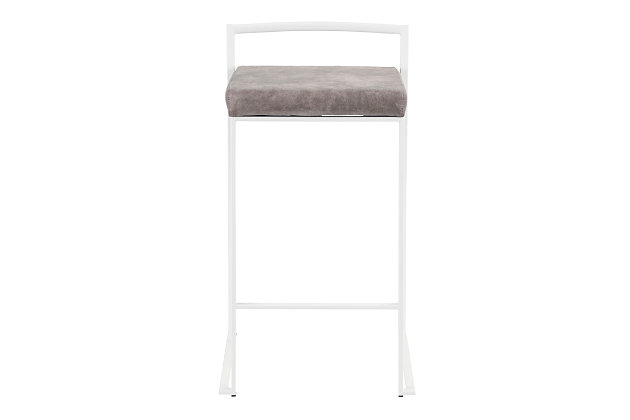 Longing for a less-is-more aesthetic? Get it all with a pair of streamlined bar stools. A luxe finish lets the ultra-linear metal frame and backrest shine. Thickly padded seats are covered in rustic looking fabric for a cool look and sumptuous comfort. Stackable design simply makes sense.Set of 2 | Made of metal | White finish | Foam cushioned seat | Polyester upholstery | Sturdy metal footrest | Stackable design | Assembly required
