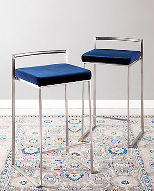 Longing for a less-is-more aesthetic? Get it all with a pair of streamlined bar stools. A luxe finish lets the ultra-linear metal frame and backrest shine. Thickly padded seats are covered in a velvet fabric for a cool look and sumptuous comfort. Stackable design simply makes sense.Set of 2 | Made of metal | Stainless steel finish | Foam cushioned seat | Velvet upholstery | Sturdy metal footrest | Stackable design | Assembly required