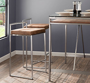 Longing for a less-is-more aesthetic? Get it all with a pair of streamlined bar stools. A luxe finish lets the ultra-linear metal frame and backrest shine. Thickly padded seats are covered in a velvet fabric for a cool look and sumptuous comfort. Stackable design simply makes sense.Set of 2 | Made of metal | Stainless steel finish | Foam cushioned seat | Velvet upholstery | Sturdy metal footrest | Stackable design | Assembly required