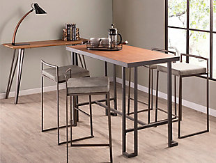 Longing for a less-is-more aesthetic? Get it all with a pair of streamlined bar stools. A luxe finish lets the ultra-linear metal frame and backrest shine. Thickly padded seats are covered in rustic looking fabric for a cool look and sumptuous comfort. Stackable design simply makes sense.Set of 2 | Made of metal | Antiqued finish | Foam cushioned seat | Polyester upholstery | Sturdy metal footrest | Stackable design | Assembly required