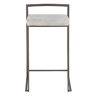 Longing for a less-is-more aesthetic? Get it all with a pair of streamlined bar stools. A luxe finish lets the ultra-linear metal frame and backrest shine. Thickly padded seats are covered in rustic looking fabric for a cool look and sumptuous comfort. Stackable design simply makes sense.Set of 2 | Made of metal | Antiqued finish | Foam cushioned seat | Polyester upholstery | Sturdy metal footrest | Stackable design | Assembly required