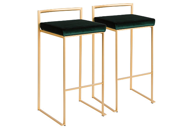 Longing for a less-is-more aesthetic? Get it all with a pair of streamlined bar stools. A luxe finish lets the ultra-linear metal frame and backrest shine. Thickly padded seats are covered in a velvet fabric for a cool look and sumptuous comfort. Stackable design simply makes sense.Set of 2 | Made of metal | Goldtone finish | Foam cushioned seat | Velvet upholstery | Sturdy metal footrest | Stackable design | Assembly required