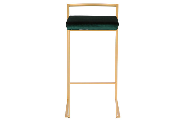 Longing for a less-is-more aesthetic? Get it all with a pair of streamlined bar stools. A luxe finish lets the ultra-linear metal frame and backrest shine. Thickly padded seats are covered in a velvet fabric for a cool look and sumptuous comfort. Stackable design simply makes sense.Set of 2 | Made of metal | Goldtone finish | Foam cushioned seat | Velvet upholstery | Sturdy metal footrest | Stackable design | Assembly required