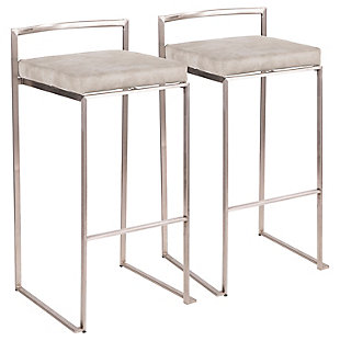Longing for a less-is-more aesthetic? Get it all with a pair of streamlined bar stools. A luxe finish lets the ultra-linear metal frame and backrest shine. Thickly padded seats are covered in rustic looking fabric for a cool look and sumptuous comfort. Stackable design simply makes sense.Set of 2 | Made of metal | Stainless steel finish | Foam cushioned seat | Polyester upholstery | Sturdy metal footrest | Stackable design | Assembly required