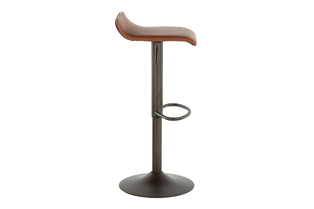 What a mastery in simplicity. With its gentle wave design that seamlessly blends backrest and seat, this bar stool set is one smooth operator. Generous cushioning caters to your comfort, while a hydraulic element takes you from counter height to bar height with ease. Practical faux leather is a high-style, low-maintenance choice.Set of 2 | Metal base with antiqued finish | Footrest for added support | 360-degree swivel | Comfortable foam cushioned seat | Polyurethane (faux leather) upholstery | Adjustable height (moves from counter to bar height) | Assembly required
