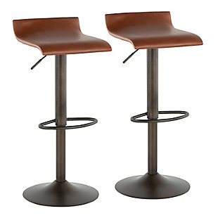 What a mastery in simplicity. With its gentle wave design that seamlessly blends backrest and seat, this bar stool set is one smooth operator. Generous cushioning caters to your comfort, while a hydraulic element takes you from counter height to bar height with ease. Practical faux leather is a high-style, low-maintenance choice.Set of 2 | Metal base with antiqued finish | Footrest for added support | 360-degree swivel | Comfortable foam cushioned seat | Polyurethane (faux leather) upholstery | Adjustable height (moves from counter to bar height) | Assembly required