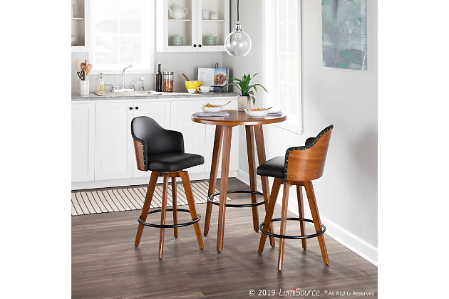 This chic swivel bar stool invites you to take mid-century style for a spin. Sturdy walnut-tone wood with bentwood details is complemented with a sumptuous upholstered seat wrapped in a practical faux leather.Bamboo base in walnut-tone finish | Foam cushioned seat with polyurethane (faux leather) upholstery | Metal footrest | 360-degree swivel | Assembly required