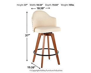This chic swivel bar stool invites you to take mid-century style for a spin. Sturdy walnut-tone wood with bentwood details is complemented with a sumptuous upholstered seat wrapped in a practical faux leather.Bamboo base in walnut-tone finish | Foam cushioned seat with polyurethane (faux leather) upholstery | Metal footrest | 360-degree swivel | Assembly required