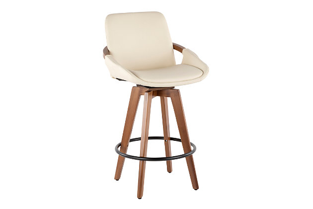 A mastery in mid-century modern furniture, this brilliantly styled bar stool is form and function taken to a new level. Sturdy walnut-tone wood with bentwood details is complemented with a sumptuous upholstered seat wrapped in a practical faux leather. Wood show-through on the armrests enhances the designer aesthetic.Bamboo base in walnut-tone finish | Foam cushioned seat with polyurethane (faux leather) upholstery | Metal footrest | Assembly required
