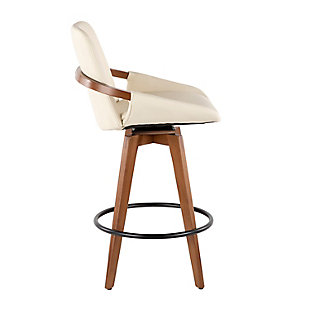 A mastery in mid-century modern furniture, this brilliantly styled bar stool is form and function taken to a new level. Sturdy walnut-tone wood with bentwood details is complemented with a sumptuous upholstered seat wrapped in a practical faux leather. Wood show-through on the armrests enhances the designer aesthetic.Bamboo base in walnut-tone finish | Foam cushioned seat with polyurethane (faux leather) upholstery | Metal footrest | Assembly required