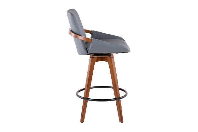 A mastery in mid-century modern furniture, this brilliantly styled bar stool is form and function taken to a new level. Sturdy walnut-tone wood with bentwood details is complemented with a sumptuous upholstered seat wrapped in a practical faux leather. Wood show-through on the armrests enhances the designer aesthetic.Bamboo base with walnut-tone finish | Foam cushioned seat with polyurethane (faux leather) upholstery | Metal footrest | Assembly required