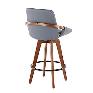 A mastery in mid-century modern furniture, this brilliantly styled bar stool is form and function taken to a new level. Sturdy walnut-tone wood with bentwood details is complemented with a sumptuous upholstered seat wrapped in a practical faux leather. Wood show-through on the armrests enhances the designer aesthetic.Bamboo base with walnut-tone finish | Foam cushioned seat with polyurethane (faux leather) upholstery | Metal footrest | Assembly required