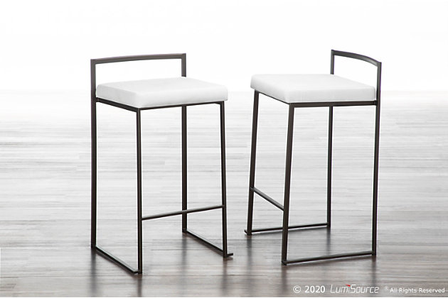 Longing for a less-is-more aesthetic? Get it all with a pair of streamlined bar stools. A luxe finish lets the ultra-linear metal frame and backrest shine. Thickly padded seats are covered in a velvet fabric for a cool look and sumptuous comfort. Stackable design simply makes sense.Set of 2 | Made of metal | Antiqued finish | Foam cushioned seat | Velvet upholstery | Sturdy metal footrest | Stackable design | Assembly required