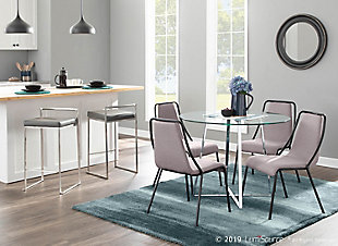 Longing for a less-is-more aesthetic? Get it all with a pair of streamlined bar stools. A luxe finish lets the ultra-linear metal frame and backrest shine. Thickly padded seats are covered in faux leather for a cool look and sumptuous comfort. Stackable design simply makes sense.Set of 2 | Made of metal | Brushed stainless steel finish | Foam cushioned seat | Polyurethane (faux leather) upholstery | Sturdy metal footrest | Stackable design | Assembly required | Ships directly from third party vendor. See Warranty Information page for terms & conditions.