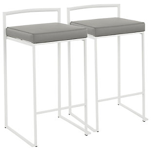 Longing for a less-is-more aesthetic? Get it all with a pair of streamlined bar stools. A luxe finish lets the ultra-linear metal frame and backrest shine. Thickly padded seats are covered in faux leather for a cool look and sumptuous comfort. Stackable design simply makes sense.Set of 2 | Made of metal | White finish | Foam cushioned seat | Polyurethane (faux leather) upholstery | Sturdy metal footrest | Stackable design | Assembly required