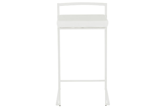 Longing for a less-is-more aesthetic? Get it all with a pair of streamlined bar stools. A luxe finish lets the ultra-linear metal frame and backrest shine. Thickly padded seats are covered in a velvet fabric for a cool look and sumptuous comfort. Stackable design simply makes sense.Set of 2 | Made of metal | White finish | Foam cushioned seat | Velvet upholstery | Sturdy metal footrest | Stackable design | Assembly required