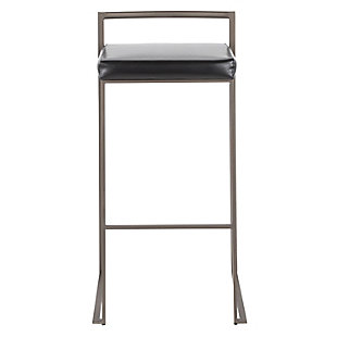 Longing for a less-is-more aesthetic? Get it all with a pair of streamlined bar stools. A luxe finish lets the ultra-linear metal frame and backrest shine. Thickly padded seats are covered in faux leather for a cool look and sumptuous comfort. Stackable design simply makes sense.Set of 2 | Made of metal | Antiqued finish | Foam cushioned seat | Polyurethane (faux leather) upholstery | Sturdy metal footrest | Stackable design | Assembly required