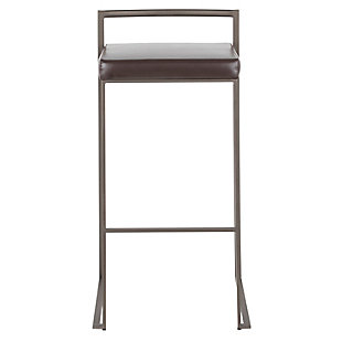 Longing for a less-is-more aesthetic? Get it all with a pair of streamlined bar stools. A luxe finish lets the ultra-linear metal frame and backrest shine. Thickly padded seats are covered in faux leather for a cool look and sumptuous comfort. Stackable design simply makes sense.Set of 2 | Made of metal | Antiqued finish | Foam cushioned seat | Polyurethane (faux leather) upholstery | Sturdy metal footrest | Stackable design | Assembly required