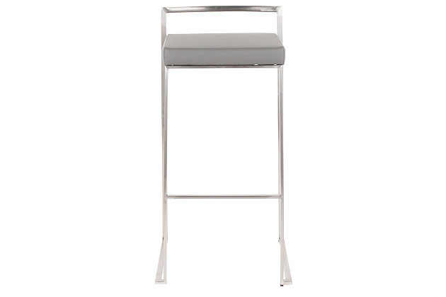 Longing for a less-is-more aesthetic? Get it all with a pair of streamlined bar stools. A luxe finish lets the ultra-linear metal frame and backrest shine. Thickly padded seats are covered in faux leather for a cool look and sumptuous comfort. Stackable design simply makes sense.Set of 2 | Made of metal | Brushed stainless steel finish | Foam cushioned seat | Polyurethane (faux leather) upholstery | Sturdy metal footrest | Stackable design | Assembly required