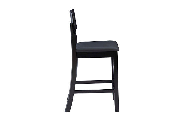 Raise the bar on style with this simply striking upholstered bar stool in black with brown upholstery. Thickly padded seat covered in easy-clean vinyl caters to your comfort level.Made of wood | Black finish | Brown vinyl upholstery | Foam cushioned seat | Protective glides under legs | Assembly required