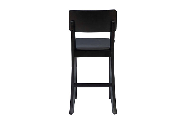 Raise the bar on style with this simply striking upholstered bar stool in black with brown upholstery. Thickly padded seat covered in easy-clean vinyl caters to your comfort level.Made of wood | Black finish | Brown vinyl upholstery | Foam cushioned seat | Protective glides under legs | Assembly required