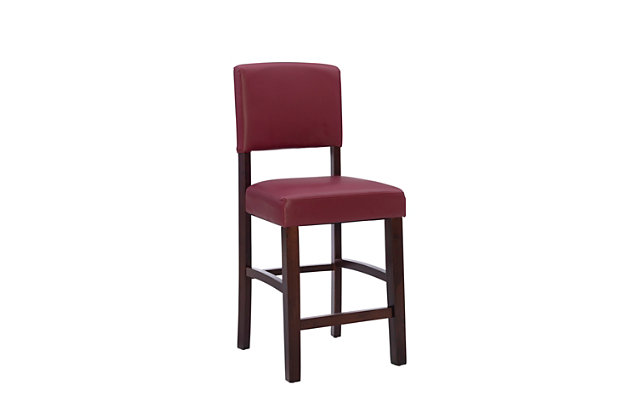 Raise the bar on style with this simply striking upholstered bar stool in espresso with red upholstery. Thickly padded seat covered in easy-clean vinyl caters to your comfort level.Made of wood | Dark espresso finish | Red vinyl upholstery | Foam cushioned seat | Protective glides under legs | Assembly required