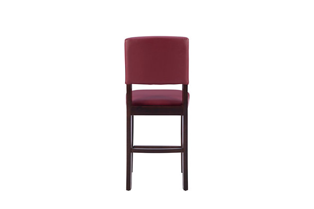 Raise the bar on style with this simply striking upholstered bar stool in espresso with red upholstery. Thickly padded seat covered in easy-clean vinyl caters to your comfort level.Made of wood | Dark espresso finish | Red vinyl upholstery | Foam cushioned seat | Protective glides under legs | Assembly required