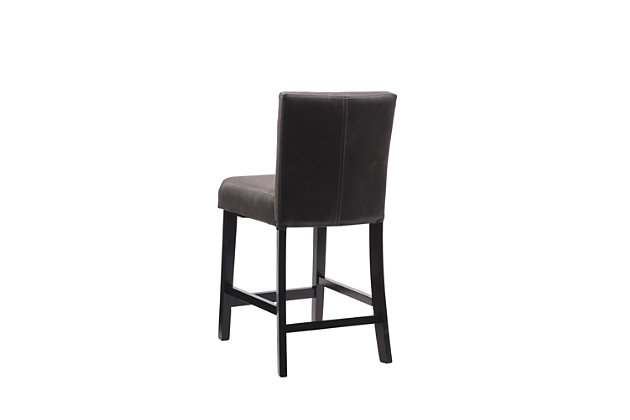 Raise the bar on style with this simply stri upholstered bar stool in black with charcoal gray upholstery. Thickly padded seat covered in an easy-care microfiber caters to your comfort level.Made of wood and engineered wood | Gray finish | Charcoal suede microfiber polyester upholstery | Foam cushioned seat | Protective glides under legs | Assembly required